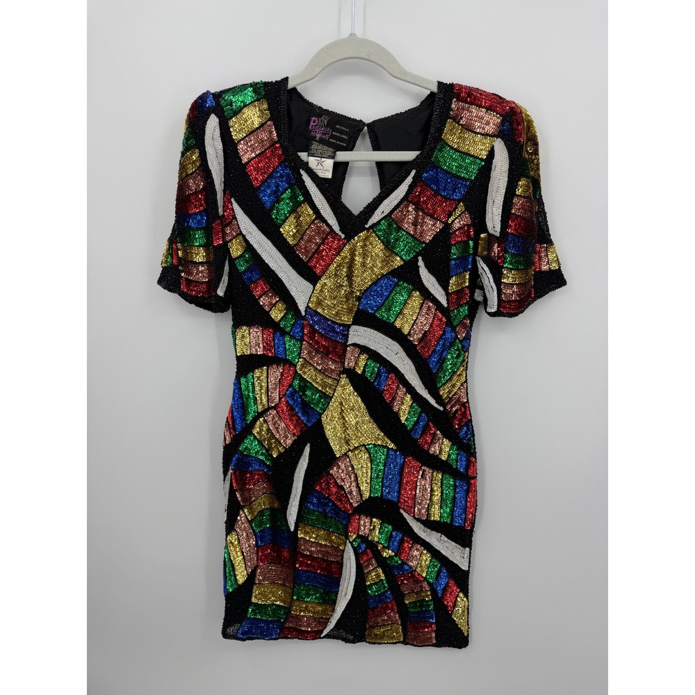 Precious Moments Vintage Sequin Silk Mini Dress Women Small Multi Rainbow Beaded